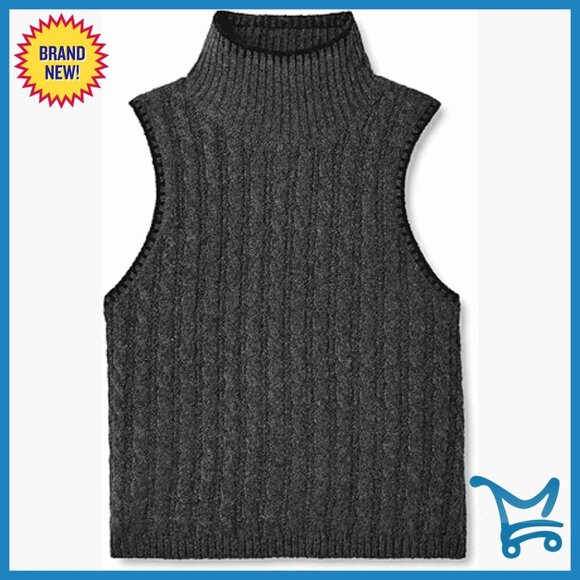 Tops - Cable Knit Turtleneck Tank Top, Recycled Polyester Blend, Cropped Fit